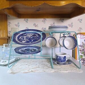 Vintage Rubbermaid Coated Wire Dish Drying Rack Organizer Hooks Plates Mugs Blue